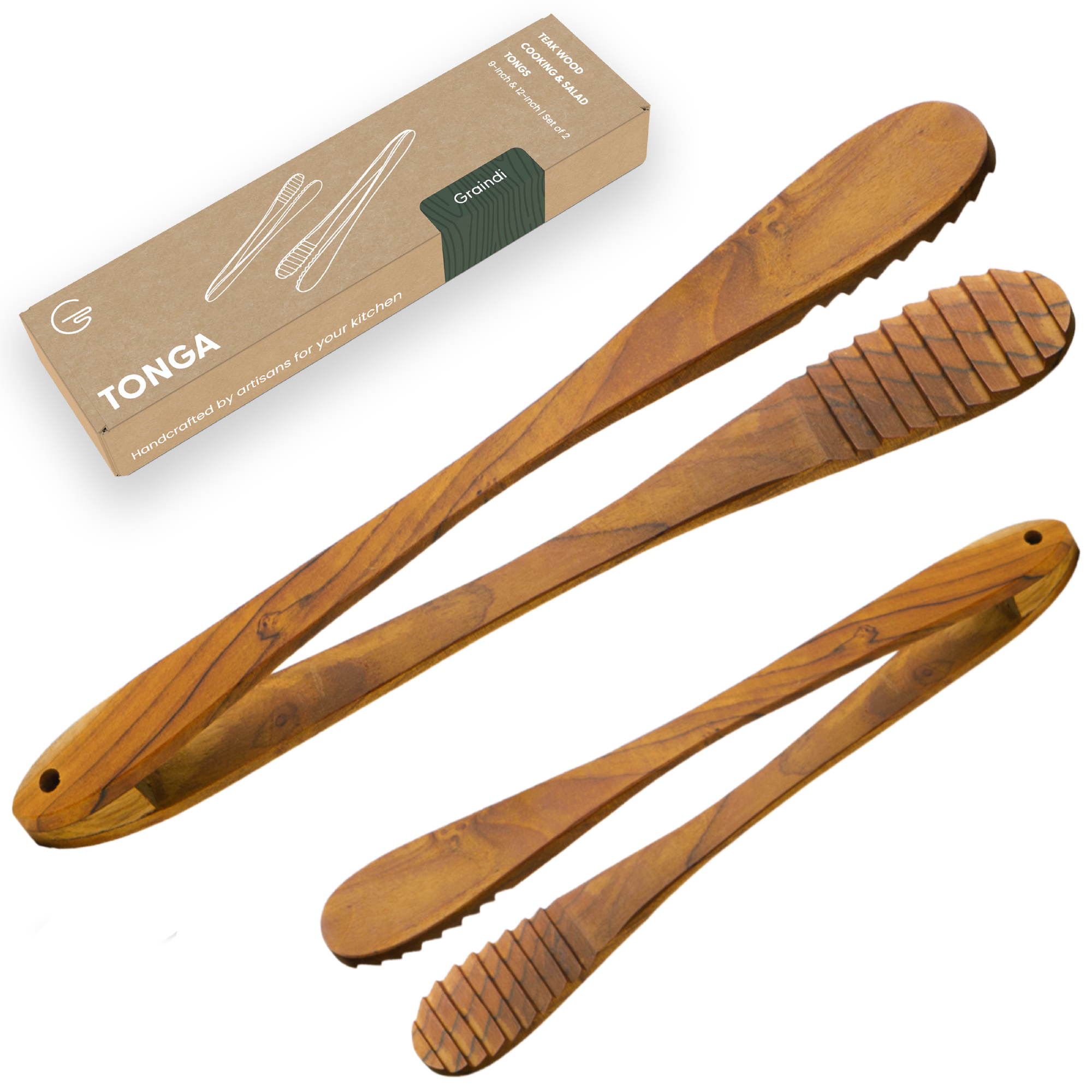 Teak Tongs Set (9″ & 12″)